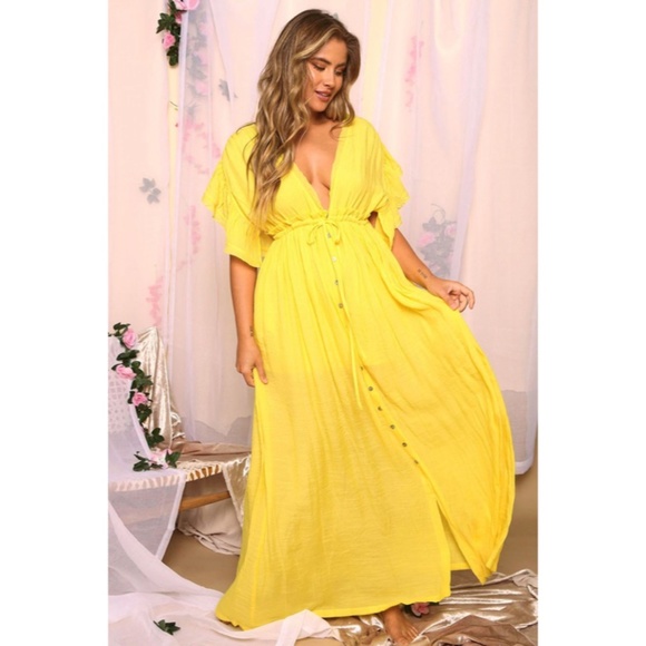 SOLD OUT Yellow Gauze Boho Button Short Slv Woven Gathered Maxi Coverup Dress - Picture 2 of 4
